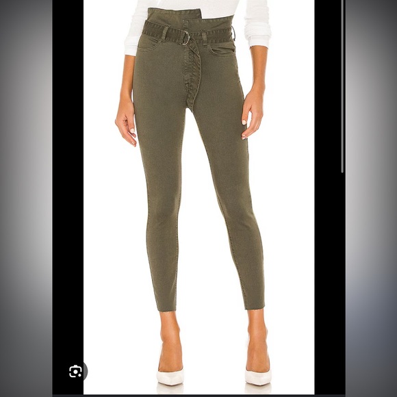Revolve Pistolla Inez Paperbag Belted Skinny Jeans Pants Olive Green Casual 24 - Picture 1 of 6